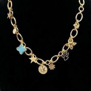 Gold Charm Necklace with Turquoise Clover Accent - Women Jewelry